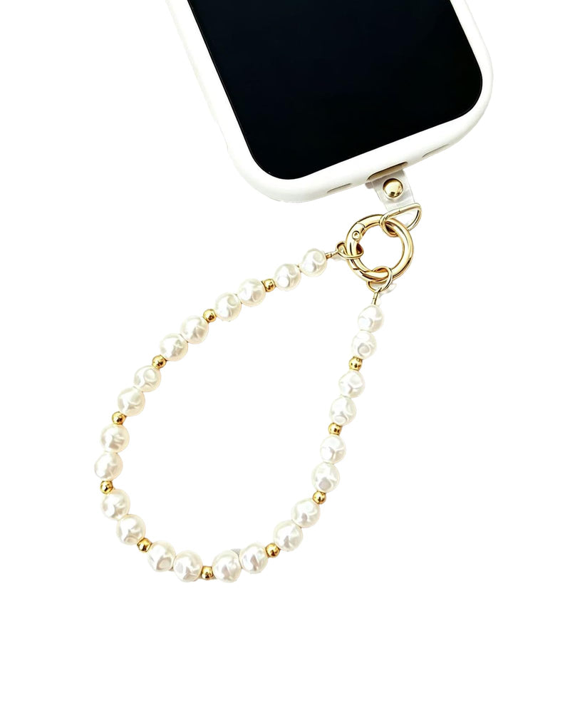 Pearl Phone Charm Wrist Strap,Beaded Phone Wrist Strap for Women Girls | Anti-drop Detachable Phone Chain Wristlet for iPhone Galaxy,Hands-Free Wristlet Bracelet Shopping Travel Walking Daily White -Gold