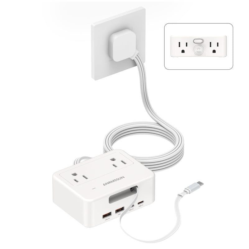 Surge Protector Power Strip with Retractable USB C Cable, 4 AC 4 USB White | PD20W Fast Charge, 750°C Fire Resistant & Double Pole Safety Switch, 5FT Flat Plug Extension Cord for Home Office Dorm Travel with Retractable Cable