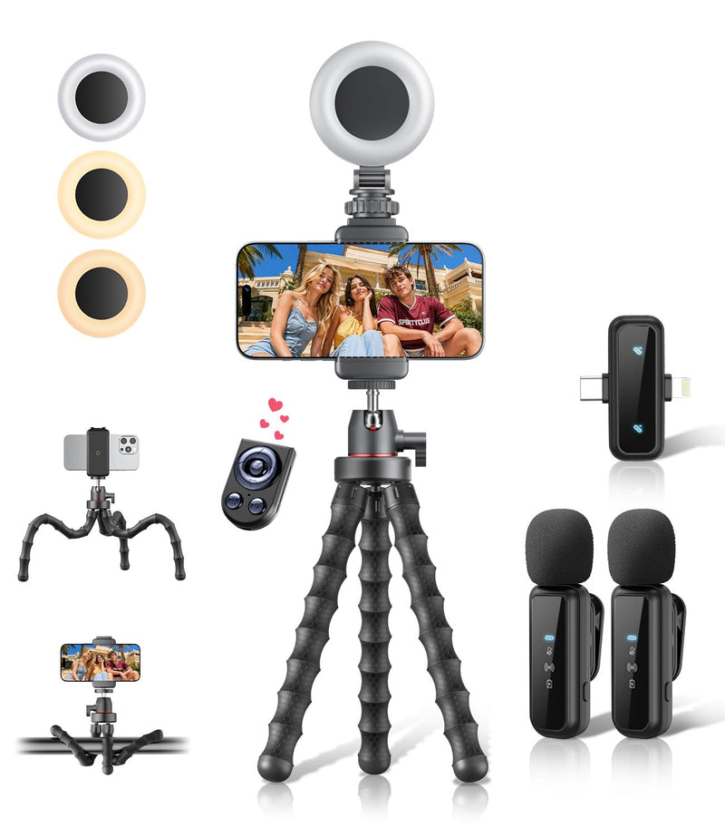 Vlogging Kit for iPhone/Android, 9" Flexible Tripod for iPhone with Light, Wireless Remote & Microphone, Adjustable Content Creator YouTube Starter Kit for TikTok/Recording/Live Streaming