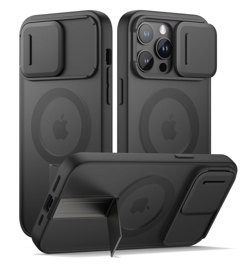 SURITCH for iPhone 14 Pro Max Case, Compatible with MagSafe, Built-in Kickstand & Camera Cover & Translucent Back, Shockproof Rugged Protective Phone Cover 6.7 Inch, Black