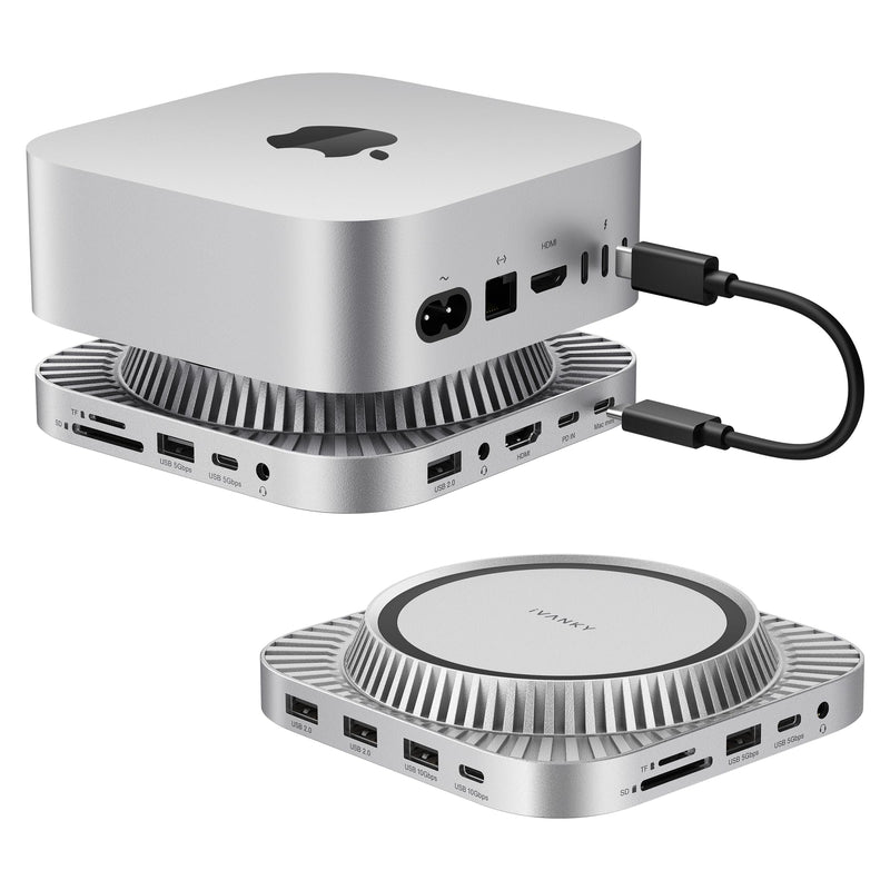 IVANKY 13-in-1 Mac mini M4 &M4 Pro (2024) Dock, 4K@144Hz HDMI,10Gbps USB | Dual Extended Displays Docking Station Stand for M5, with M.2 NVMe SSD Enclosure Hub, SD/TF, Audio Ports*2, 20W PD Adapter*1 Sliver Standard-Speed