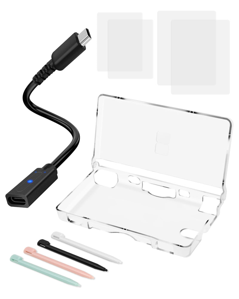 DS Lite Charger and Case Bundle, USB C to DS Lite Charging Adapter, Clear Crystal Case, 2 Sets of Screen Protectors, 4 Stylus Pens for Nintendo DS Lite NDSL
