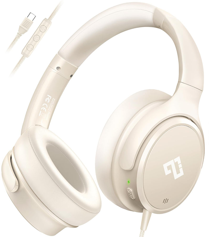 INFURTURE USB C Headphones Wired Active Noise Cancelling Over Ear-White | Portable/Comfortable/Built-in Microphone/Lightweight/for iPhone/iPad/Sports/School/Travel/Plug and Play/Ideal Gifts White