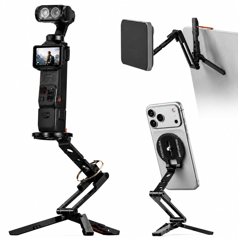 2-in-1 Magnetic Phone Tripod for MagSafe/DJI Osmo Pocket 3/4 Magnetic Mount | for Insta360 Luna Ultra, Foldable Phone Desk Stand with Arca-Swiss 1/4" Screw Hook Holder for GoPro 13/12 | Design Patented