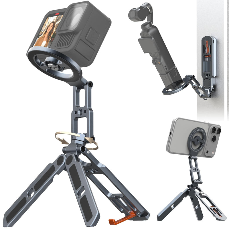 Magnetic Phone Stand Tripod for MagSafe iPhone | 2-in-1 Action Camera Mount | for Insta360 Luna Ultra/DJI Osmo Pocket 3/4 Accessories, N52 Magnetic Gym Phone Holder Arca-Swiss 1/4" Screw |Patented Design