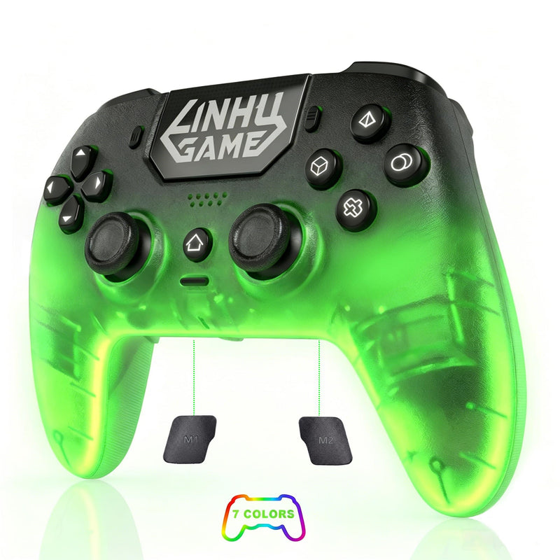 linhugame Transparent Wireless Controller for PS5/Pro/Slim/PC(Electric green),Full surround RGB, Hall-Effect Joysticks and Trigger, Macro, 1500mAh, Speaker and Mic