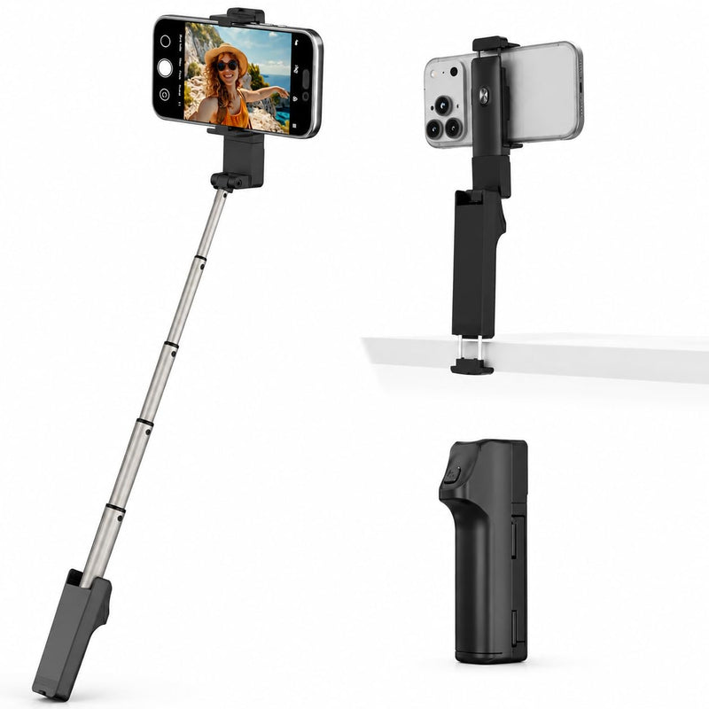 Selfie Stick Phone Tripod with Desk Clamp, Extendable Selfie Stick for iPhone & Android, Pocket-Size Travel Phone Stand with Remote, Aluminum Alloy Stick for Travel, Video Recording & Live Streaming black