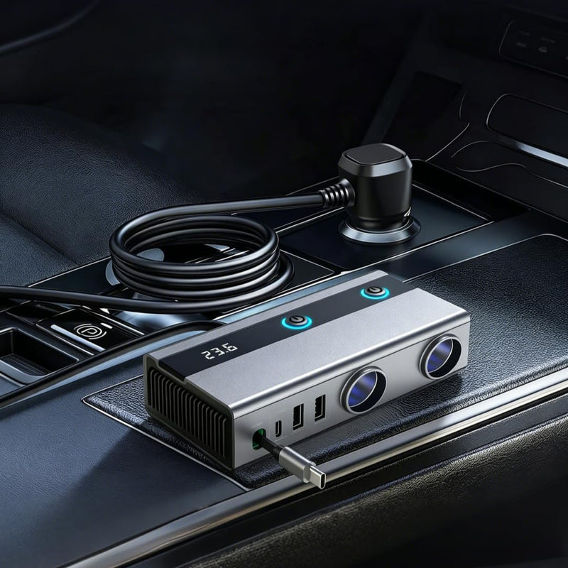 6-in-1 Cigarette Lighter Splitter, 65W PD Fast Charging, 120W Total Output, Two 12V Sockets, Retractable USB-C Cable, Battery Monitor, Trickle Charge, 1M Extension Cable for Front & Rear Charging
