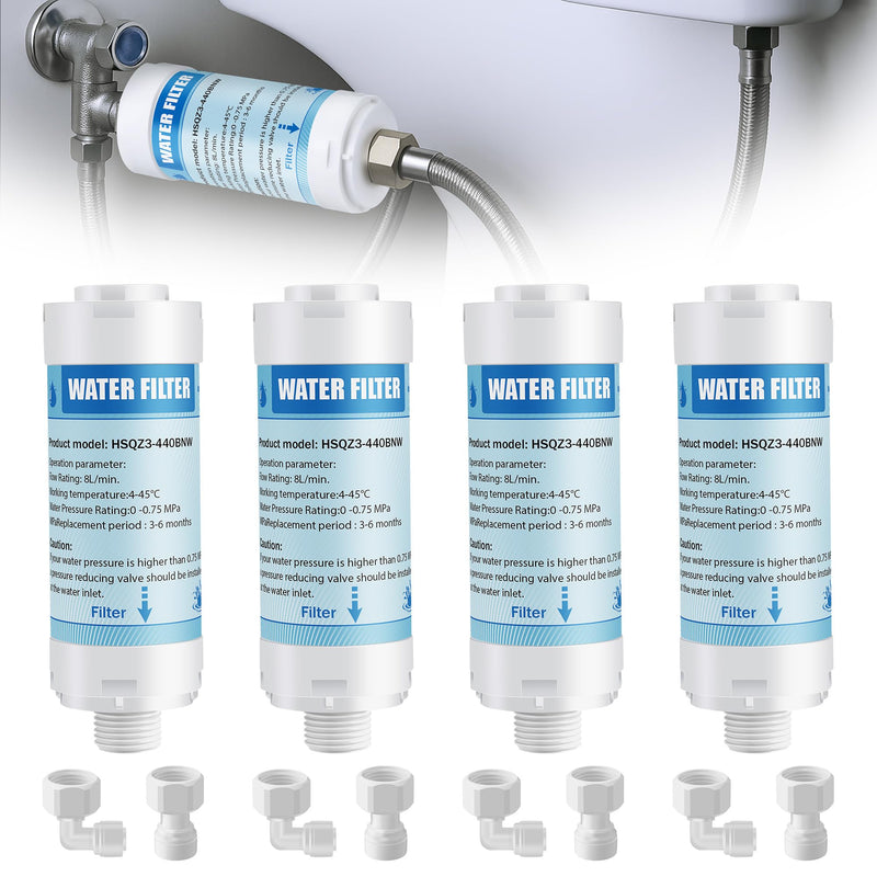4 Pack Bidet Water Filter and Adapter for Electric Bidet Toilet Seats, Reduce Mineral Deposits & Soften Hard Water, Essential Protection for Smart Toilet, Compatible with 1/2", 3/8", 1/4" Hoses 4