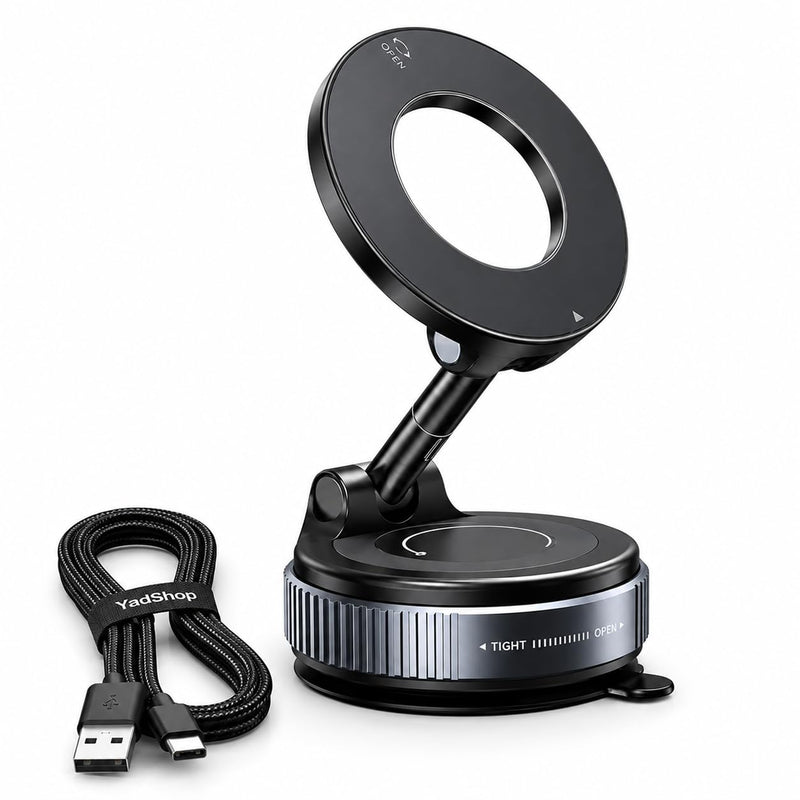 Car Phone Holder Mount, Manual Vacuum Magnetic Suction Cup for Dashboard & Windshield, 360° Adjustable Phone Holder for Car, MagSafe Compatible, USB-C Cable Included, iPhone & Android
