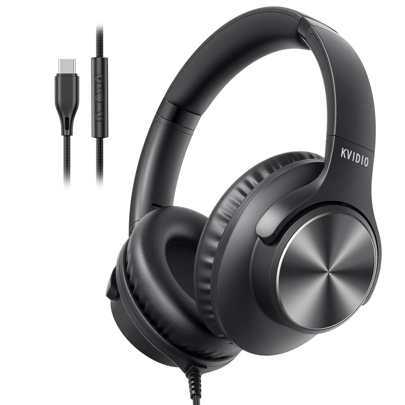 USB C Wired Headphones with Mic, Volume Control, Over-Ear for School, Black | Foldable Plug in Headphones with Volume Control for Teens Classroom Travel, 4.9ft Tangle-Free Cord for Phone Tablet Laptop PC