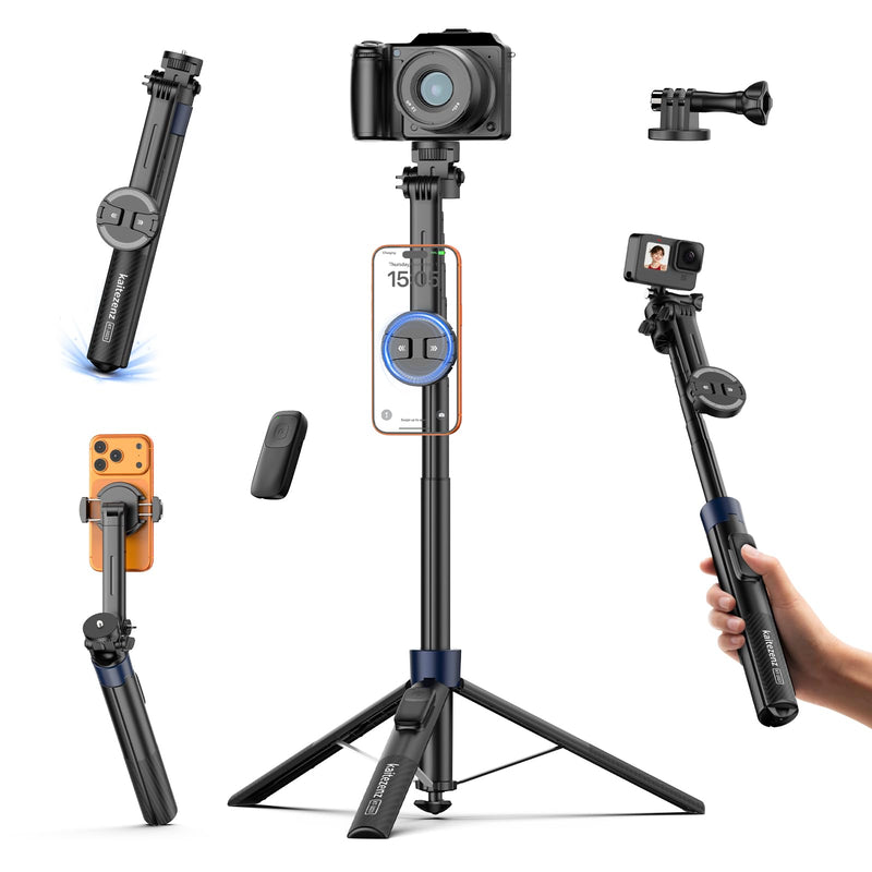 Kaitezenz 71" Auto Pop Open Magnetic Tripod for iPhone with Remote, 360° Rotation Cell Phone Selfie Stick Tripod Stand, Dual-Camera Tripod Compatible with Phone Camera
