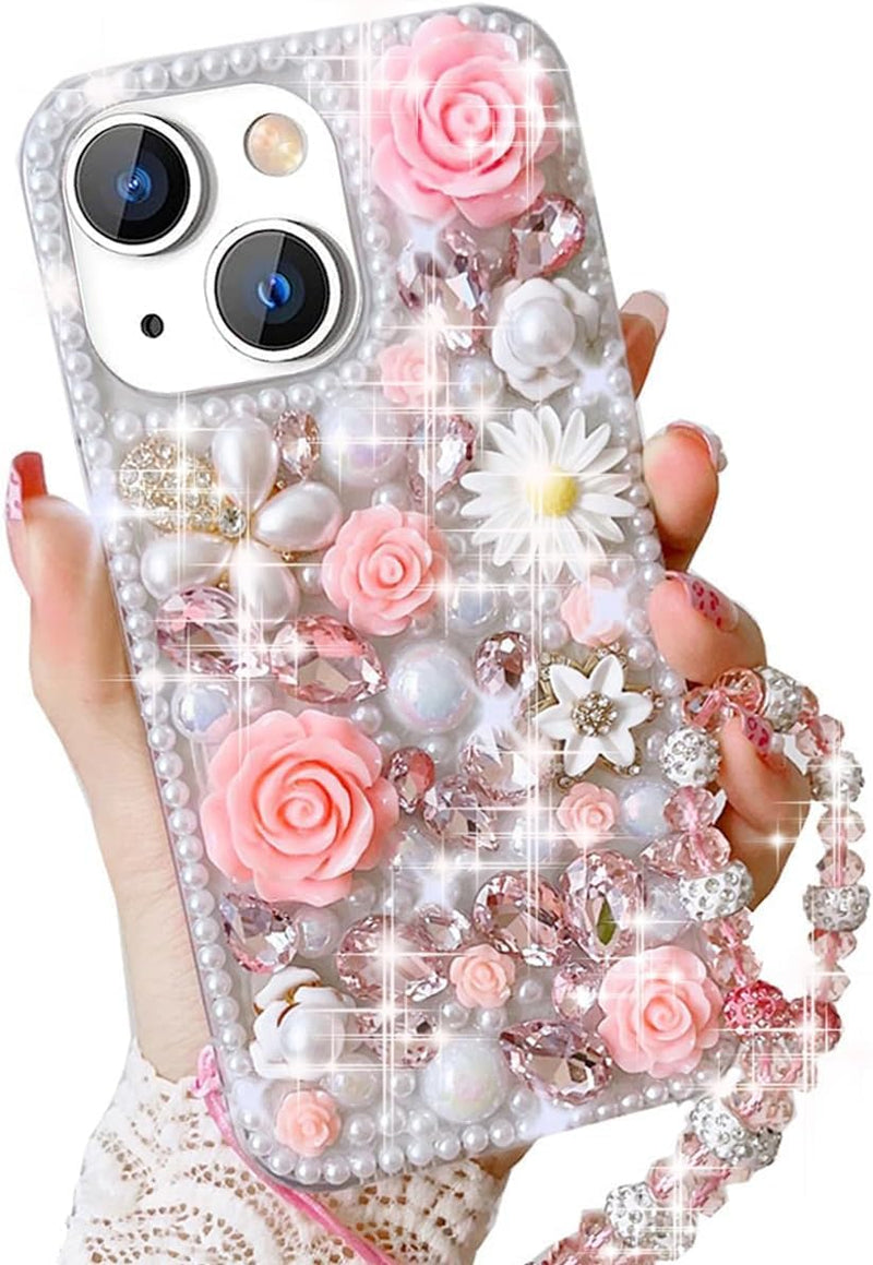 Bling Diamond Case for Samsung Galaxy A37 5G with Pearl Bracelet Strap Cover,Pink 3D Sparkly Shiny Crystal Rhinestones Flower Girly Shockproof Phone Case with Lanyard Pink