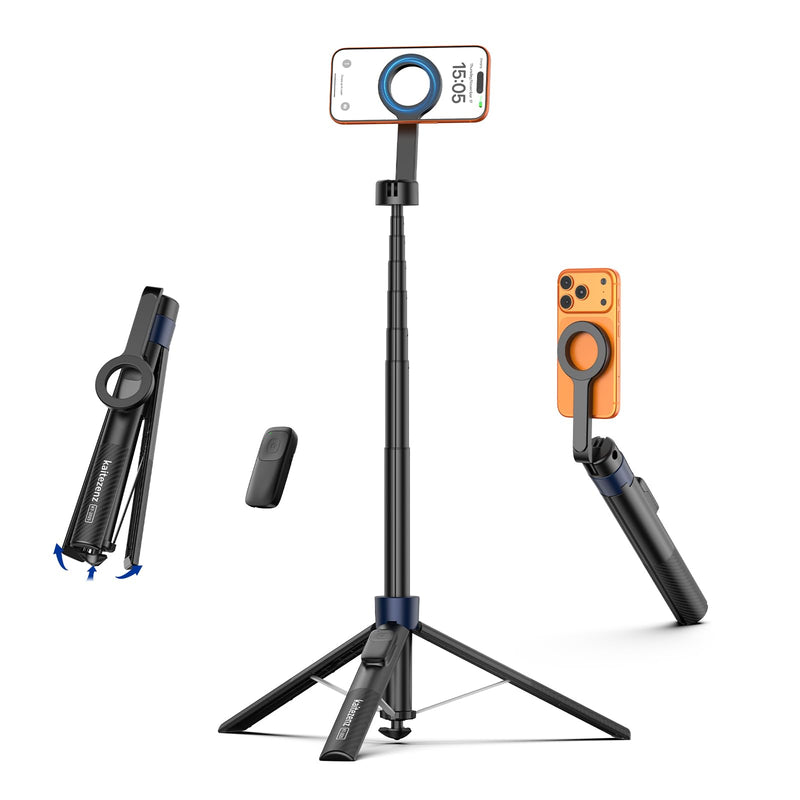Kaitezenz Auto-Open Magnetic Selfie Stick Tripod for iPhone MagSafe, 71" Cell Phone Tirpod Stand with Metal Ring & Rechargeable Remote for Video Recording Vlogging Black KT-1025