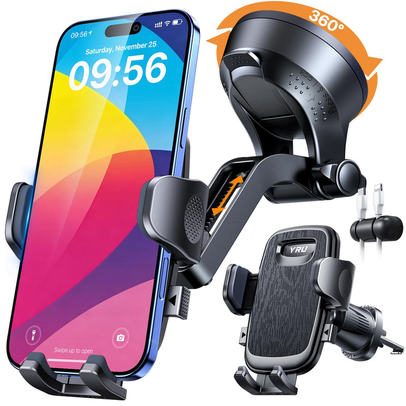 YRU 2026【100+LBS Suction & Flexible Low-Profile Arm】 Car Phone Holder Mount | 【Newest Upgrade Military-Grade & Safety Cert】360°Rotate Dash Windshield Vent Truck Cradle for iPhone17 16 Pro Max, Dark Black