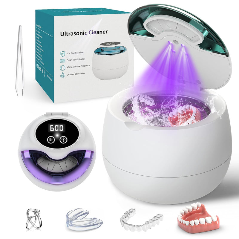 Ultrasonic Denture Retainer Cleaner Machine - 45kHz Retainer Cleaner Machine with 200ML Dental Cleaning Pod, 4 Modes Ultrasonic Cleaner for Denture, Mouth Guard, Aligner, Braces, Toothbrush, Jewelry White