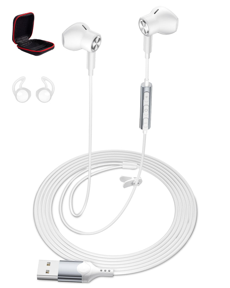 iMangoo USB Earbuds with Microphone for PC Laptop 7.5ft Cord Headphones | Wired USB A Semi In Ear Buds Headset for School Students Home Office Gaming Corded Earphones for Discord Zoom Skype Laptop White