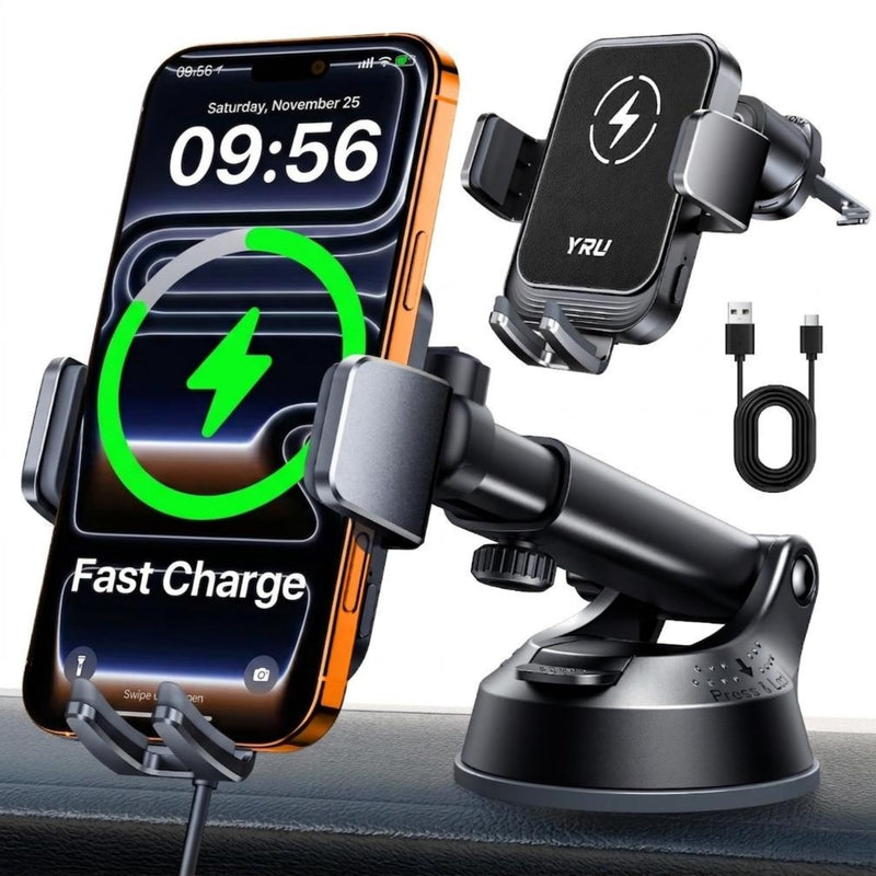 YRU [True Military-Grade Wireless Car Charger Mount, 15W Charging Auto Clamping Car Phone Holder [98+LBS Strong] Dashboard Windshield Vent Cellphone Holder for iPhone 17 16 15 Pro Max, Space Black