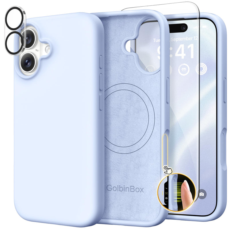 GolbinBox for iPhone 17 Case, Compatible with MagSafe, Baby Blue | Screen Protector + Camera Lens Protector, Liquid Silicone, Shockproof Phone Cover with Anti-Scratch Microfiber Lining For Iphone 17 (6.3 Inch, 2 Lens)