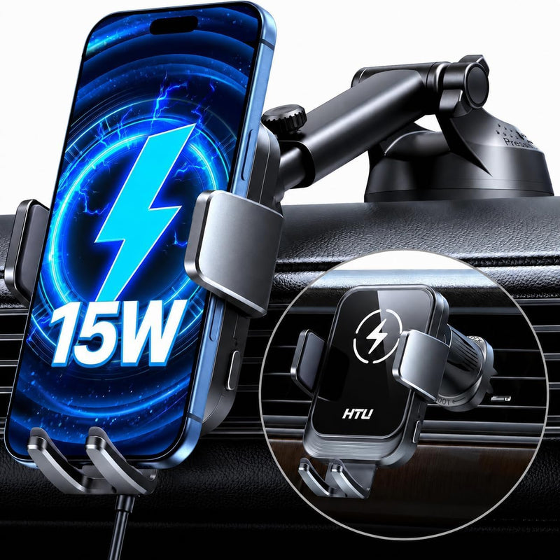 2026 Upgraded Wireless Car Charger Mount, 【Strongest Suction & Military-Grade Certs】 15W Fast Charging Auto-Clamping Phone Holder for Dash Windshield Air Vent, Fit for iPhone & Android, Jet Black
