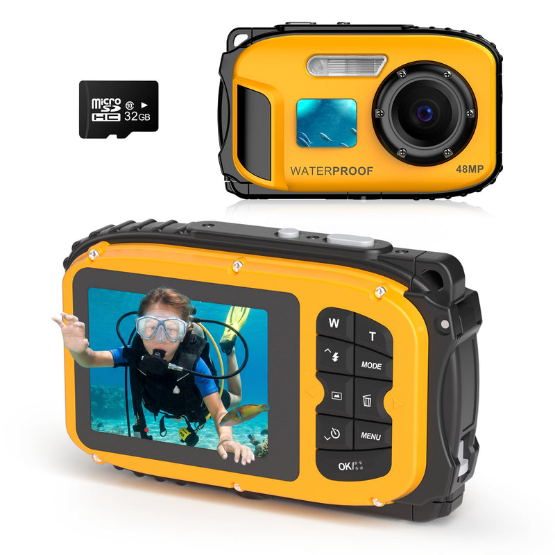 Floating Underwater Camera for Kids, Waterproof Camera with 32GB SD Card | IP68 48MP 4K Portable Snorkeling Camera for Pool Beach, Lightweight Rechargeable Floating Action Camera, Yellow