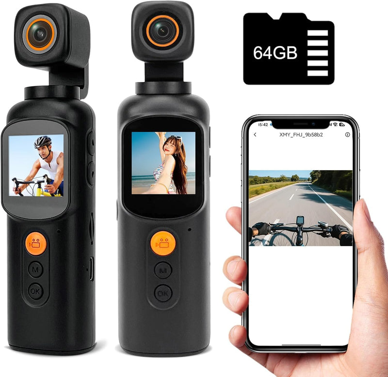 4K Body Cameras with Audio and Video Recording, WiFi Portable Vlogging Camera 350° Rotation, 6HR Battery, Mini Action Camera for Travel, Work Records, Covert Recording 64GB Card Included.