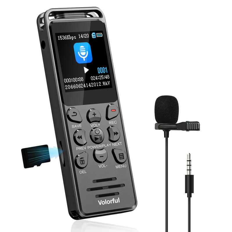 Digital Voice Recorder with Playback, Volorful 80H HD Recording Device | External Microphone, AI Noise Reduction, One Touch Recording/Lock, Voice Activated, Password, Lecture Meeting Interview Class 32.0 GB