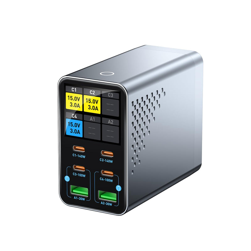 140W 6-Port GaN USB C Charging Station with LCD Smart Display | Desktop Fast Charger for Multiple Devices, Compatible with MacBook, iPhone, iPad, Galaxy, Home Office,Gaming Accessories