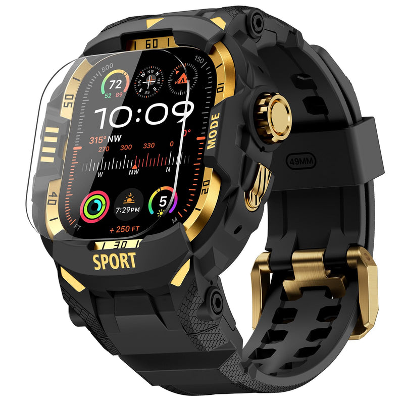 DABAOZA Rugged Case with Band Men Tactical Compatible with Apple Watch 49mm | Screen Protector Military Grade Shockproof Bumper Men Tactical Heavy Duty Strap,for iWatch Ultra 3/2/1,Black Gold 49MM Black/Gold