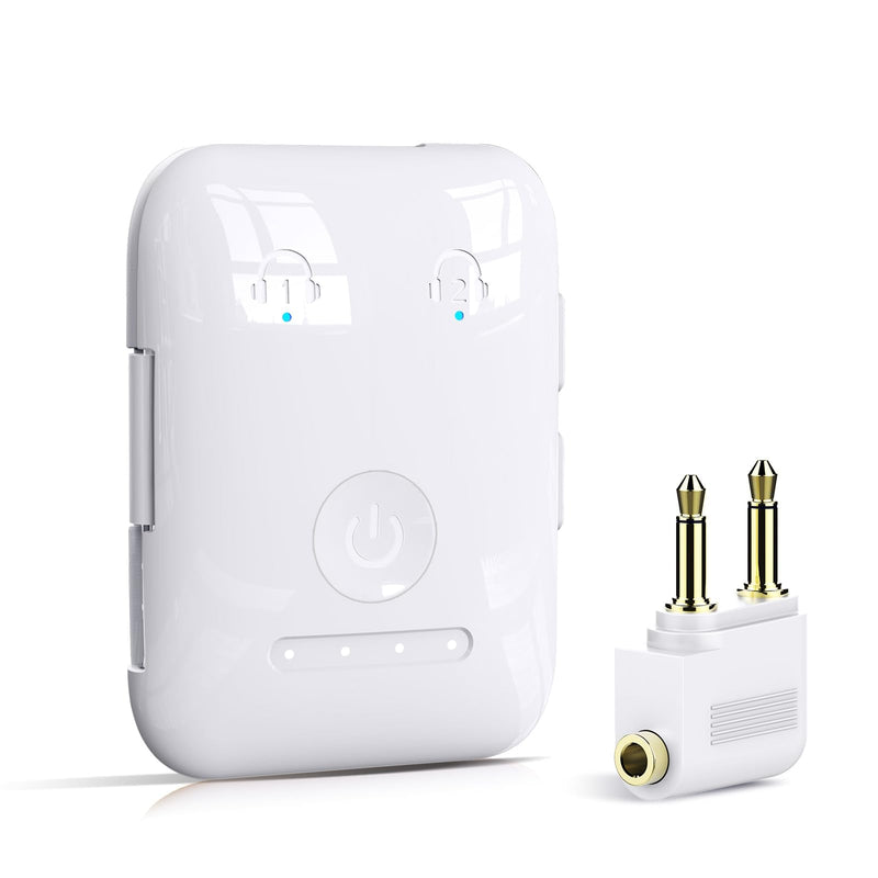 Premium Bluetooth 5.4 Airplane Audio Adapter, 30Hrs Playtime, aptX Adaptive & HD Audio Transmitter for AirPods/Bose, Supports 2 Headphones for Travel Flight & TV White