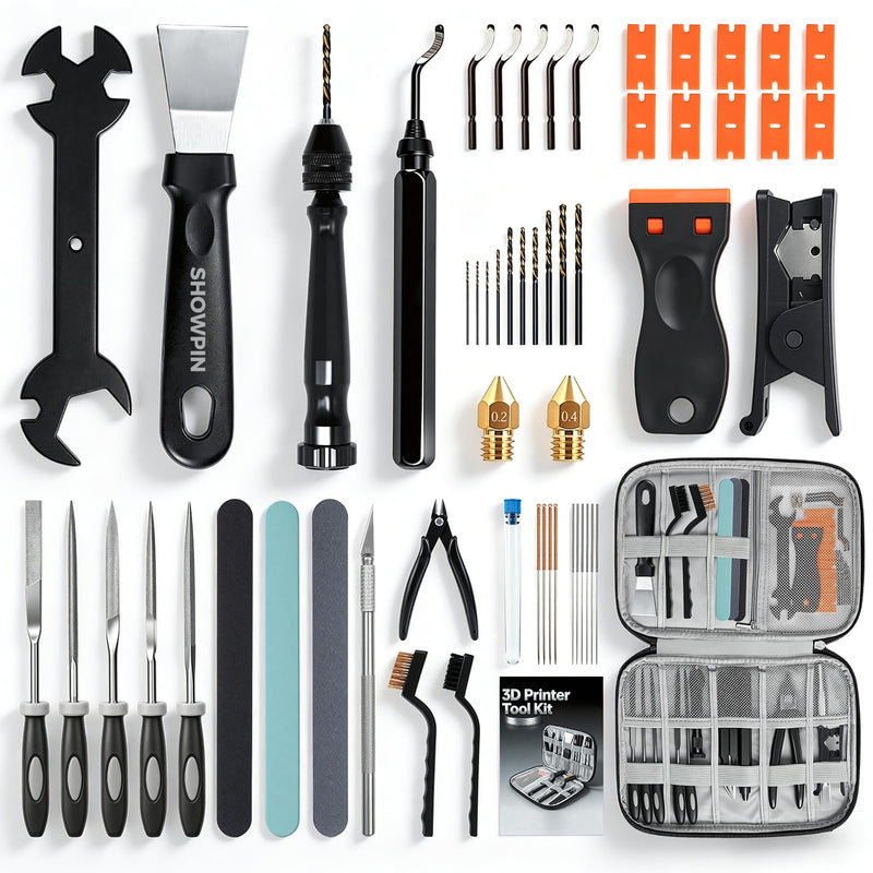 SHOWPIN 64PCS 3D Printer Tools: 3D Printer Accessories & Printing Tools Kit for Nozzle Cleaning & Model Finishing, Deburring Tool, Tube Cutter, Hand Drill & Sanding Tools with Case
