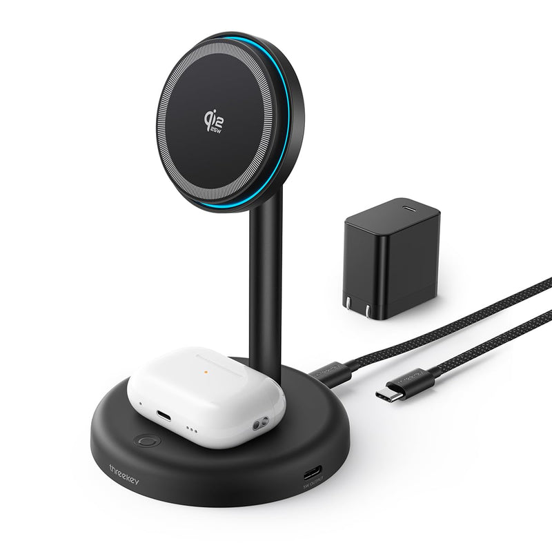 Qi2.2 25W Wireless Charger Stand with Cooling Fan & LED Light | 2-in-1 Fast Charging Station for iPhone 17/16/15/14/13/12 & AirPods, 5ft Cable, Nightstand & Desk, 45W Adapter Included With 45W Adapter