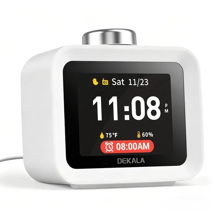 Dekala ChronoSense Alarm Clock Radio for Bedroom Temperature Humidity, 7-Day Programmable 4 Alarms, 100dB Loud Gradual Alarm for Heavy Sleeper, Visual Timer Clock Radio，White Noise Sound Machine Square