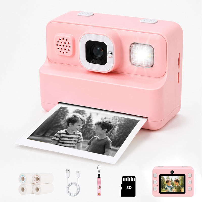 Instant Print Camera for Kids, 1080P Kids Camera Instant Print, Christmas Birthday Gifts for Kids Girls Age 3-12, Toddler Toy for 3 4 5 6 7 8 9 10 Year Old with 4 Roller Photo Paper (Pink) Pink