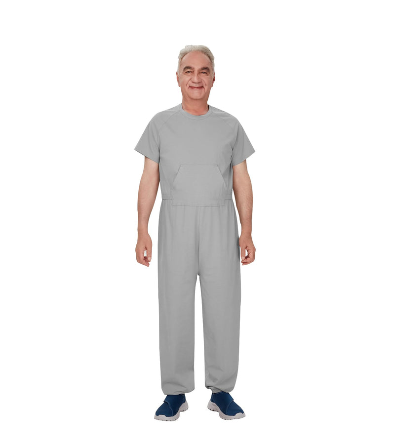 Adaptive Clothing for Men, Anti-Strip Back-Zip Jumpsuit Cotton Romper- Elderly Easy Care Onesie for Special Needs Gray Large