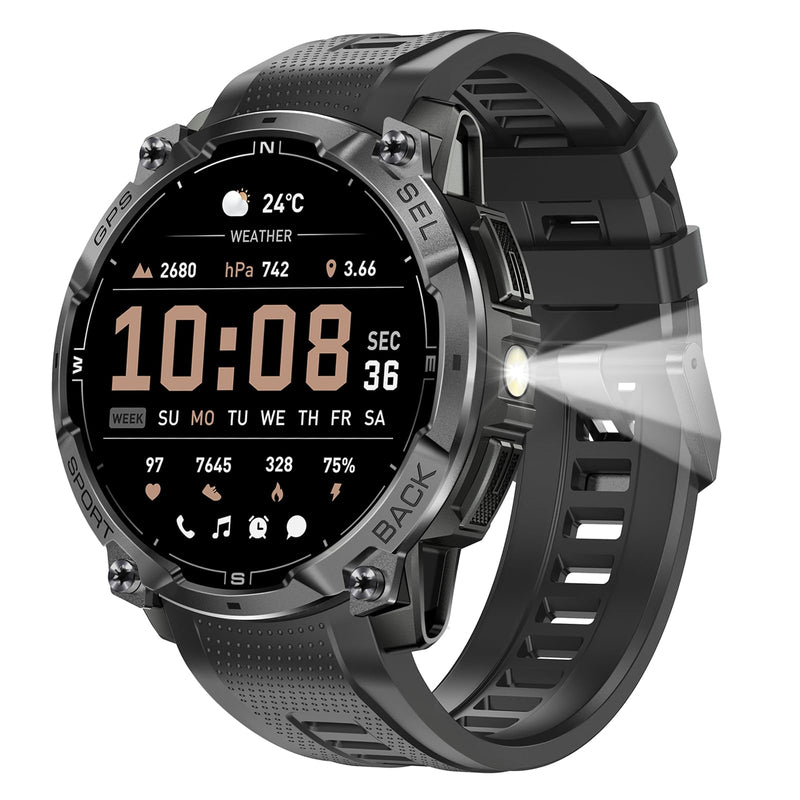 Military Smart Watches for Men, Built-in GPS & Compass, 30-Day Standby | 1.43" AMOLED Rugged Outdoor with LED Flashlight, Barometric Altimeter, 170+ Sports Modes, Compatible with Android & iPhone Black