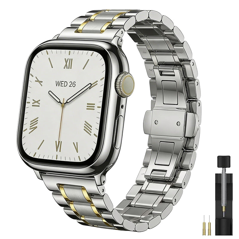Metal Band Compatible with Apple Watch Ultra Band 49mm 46mm 45mm 44mm 42mm, Stainless Steel Link Bracelet with Butterfly Clasp for Apple Watch Ultra 3 2 1 Series 11 10 9 8 7 SE, Gold silvery+gold 40/41/42mm