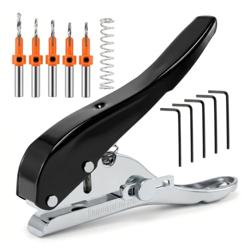 Single Hole Punch 0.3inch/8mm, Heavy Duty Punching Pliers with 5 Countersunk Drill Bits (2.8-4.0mm) for Paper, Screw Hole Covers, PVC, Cards & Thin Wood, Adjustable Screw Cover Hole Punch 8mm black