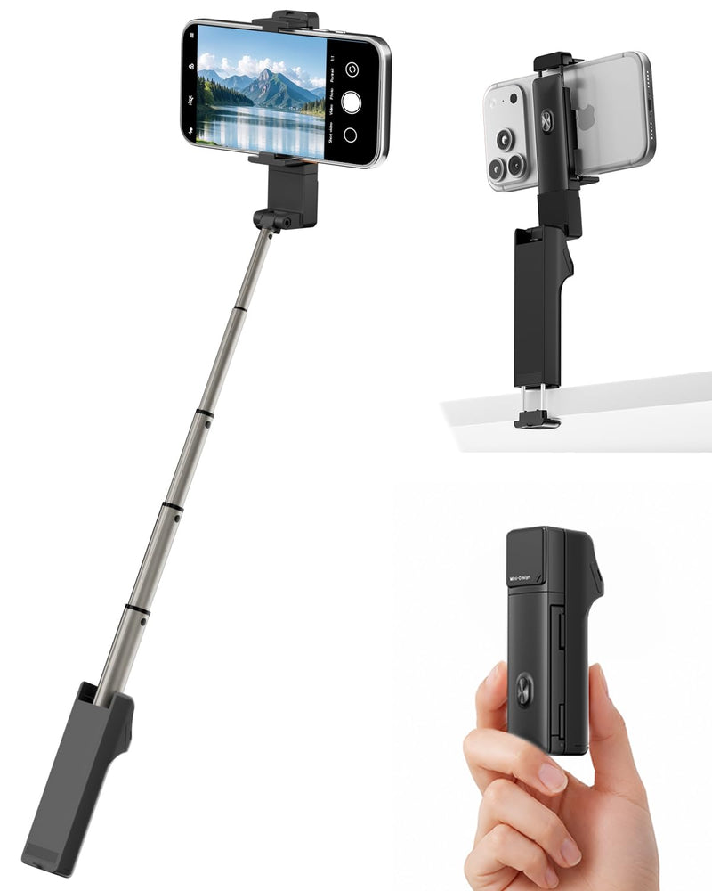 Viozon Selfie Stick with Wireless Remote and Desk Clamp, Lightweight Foldable Travel Phone Holder, Aluminum Portable Selfie Stick Tripod for Video Recording, Photograph, Streaming Black
