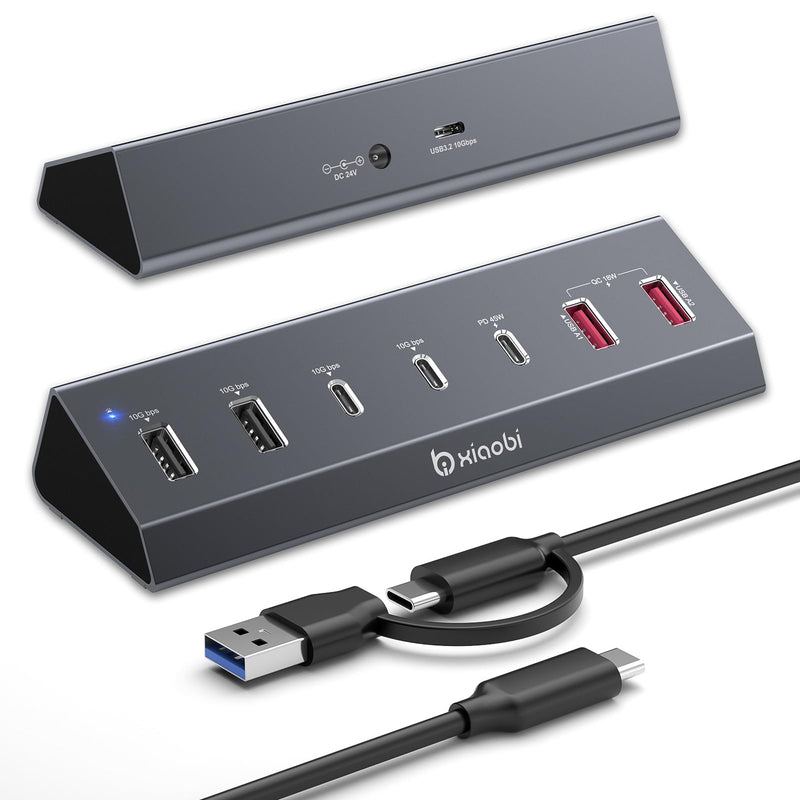 7 in 1 USB C Hub with 10Gbps Data Transfer, PD 45W & QC 18W Fast Charging | Ergonomic Tilt and Non-Slip Base, Powered USB Hub with 24V/3A Power Adapter for MacBook, PC and More(Gery) Gery 7 IN 1