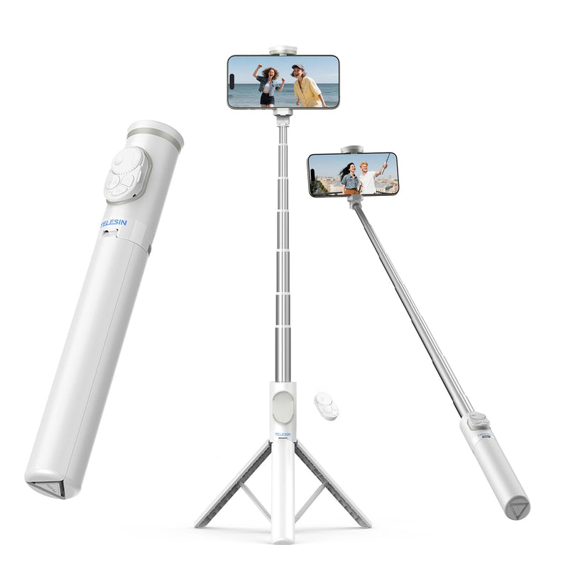 TELESIN Selfie Stick Tripod for Phone with Zoom Remote and Phone Holder | 49" Extendable Tripods for iPhone 17/16/15/14/13/Samsung Android Cell Phone Stand, Travel Tripod for Video Recording, White