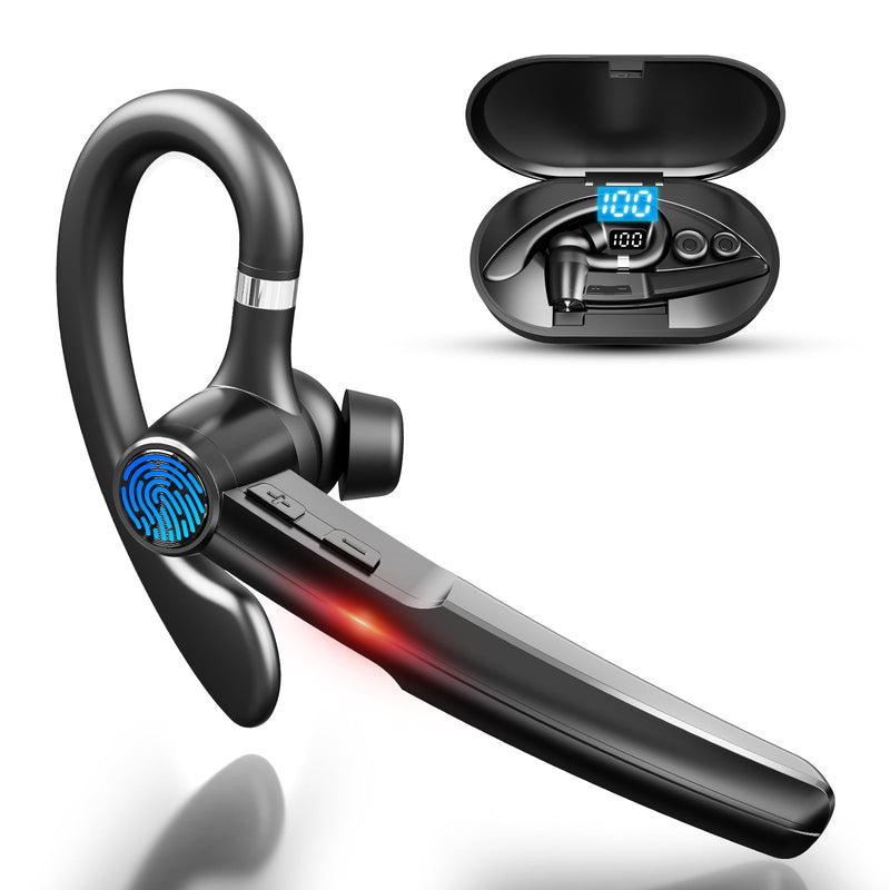 Bluetooth 5.3 Headset, 60Hrs Single Ear Earpiece with Mic | LED Charging Case, Noise Cancelling Mic, Hands-Free Calls for Business, Driving & Meetings Black