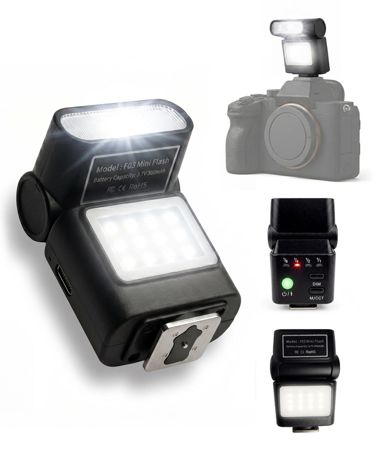 LOUERN Mini Camera Flash Speedlite with Video Light, GN8 On-Camera Flash, 4 Power Levels, 90 Angle Adjustable, Single-Contact Hot Shoe Flash for Sony/Canon/Nikon/Fuji/Pentax DSLR Mirrorless
