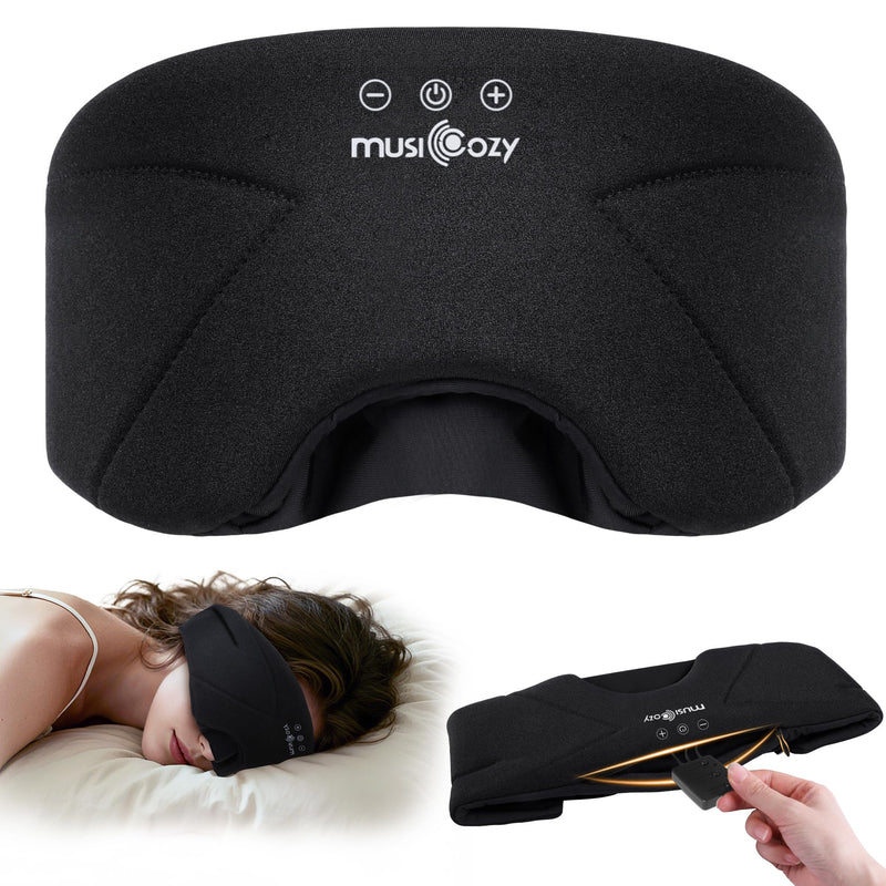 MUSICOZY Bluetooth Sleep Mask Headphones with HD Speakers for Side Sleepers | Ultra-soft Bluetooth 5.4 Wireless Over-Ear Washable with HD Stereo Ideal for Travel Meditation Relaxation Gifts for Men Women Midnight Black