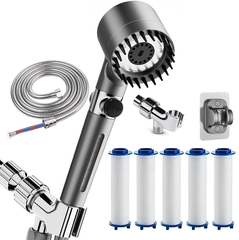 Shower Drops Head Filtered Showerhead With Five Filters,Filtered Shower Head With Handheld,High Pressure Turbo Showerhead,Reusable,Adjustable Settings With Hose 5-piece set