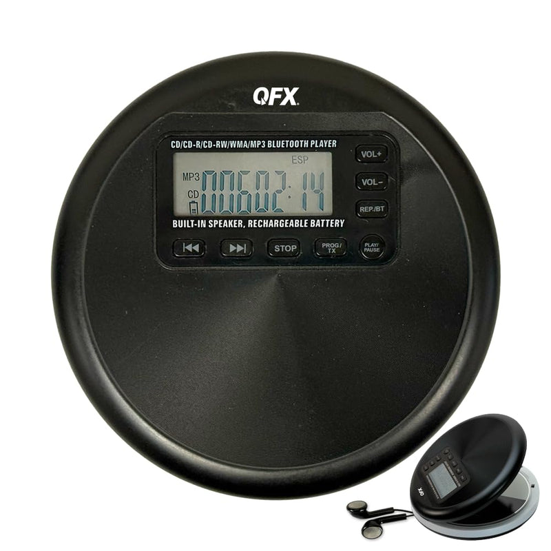 QFX Portable CD Player with Bluetooth and Built-in Speaker, RETRO-30 | 8-Hour Battery, Anti-Shock, Plays CD/CD-R/MP3-CD, Rechargeable Disc Player for Home and Travel, Earphones Included