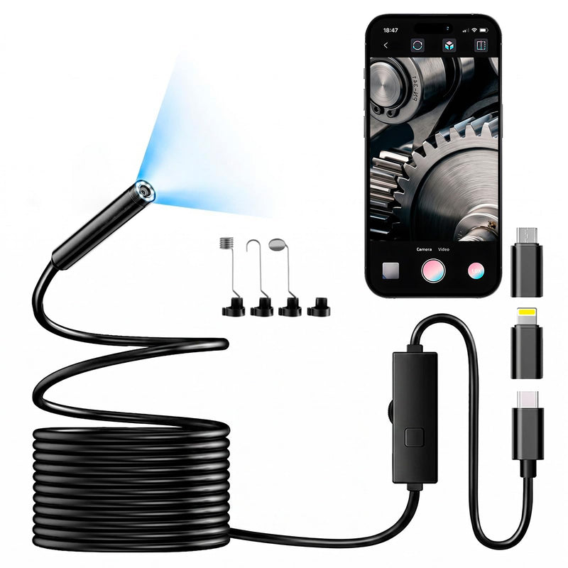 1920P HD Endoscope Camera with Light, IP67 Waterproof Borescope Snake Camera Semi-Rigid Sewer Camera 8 LED Inspection Endoscope Camera for iPhone Android Automotive Pipe, 16.4FT Single Lens Single Lens 16.4FT