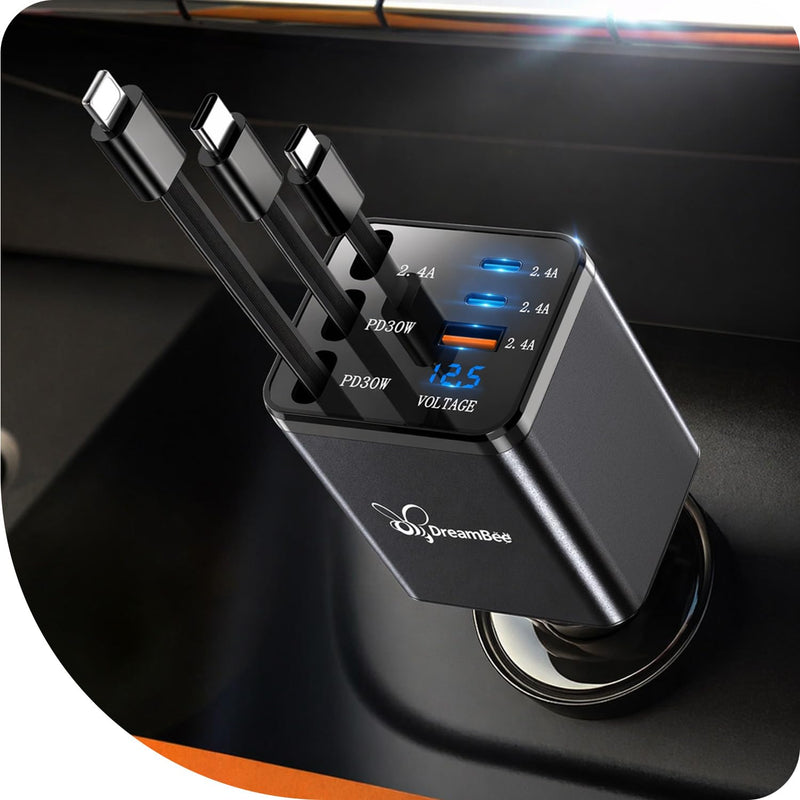 DreamBee Retractable Car Charger,108W 6 in 1 Super Fast Car Phone Charger with 3 Cords 31.5INCH, USB C Car Charger Adapter for iPhone 17/16/15/14/13 Pro Max XR,iPad,Samsung,Pixel