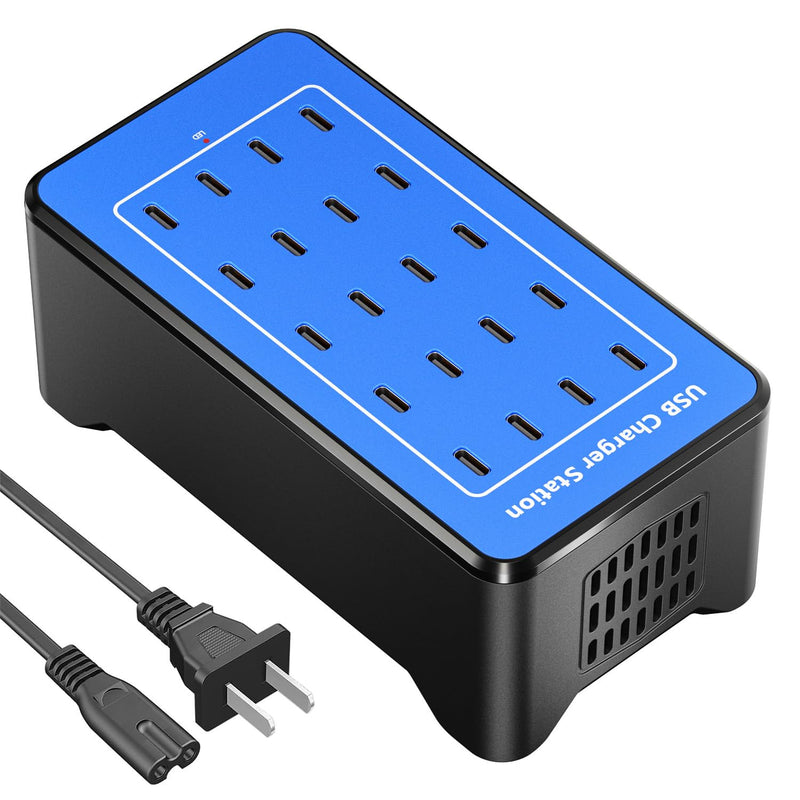 USB C Charging Station, USB C Charger Block for iPhone, Android, Smartphone, Tablet, Samsung, AirPods, and Smart Watch Multiple Devices, 20-Port 100W Multi Port Desktop Charger Blue-20 port