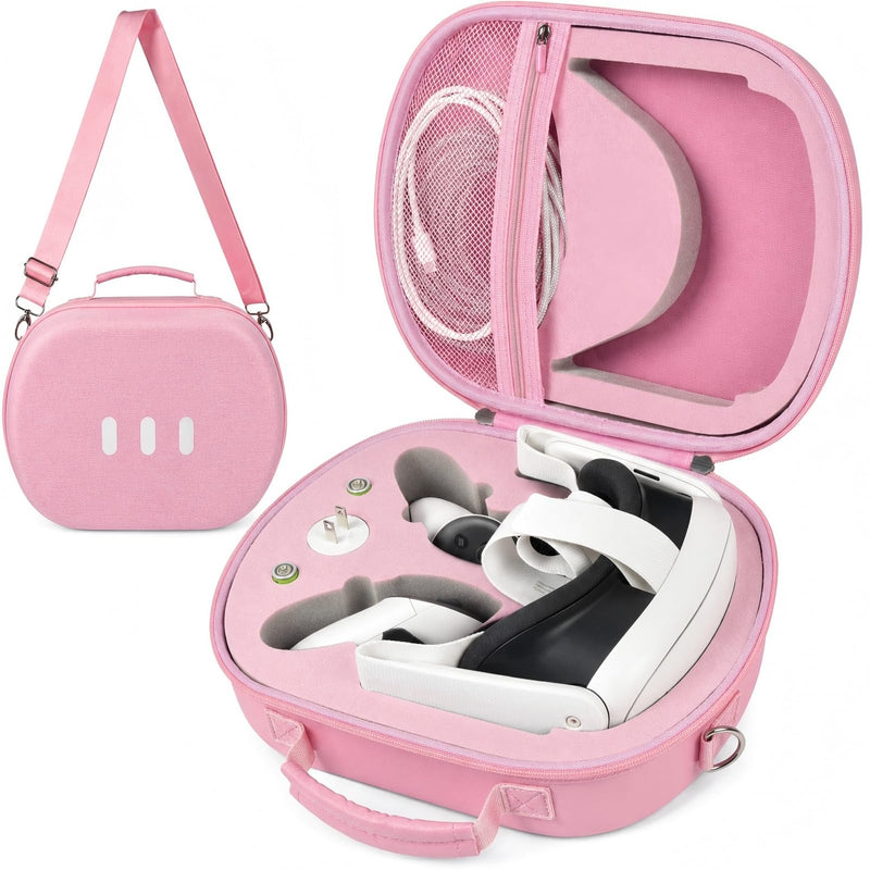 Comecase Hard Carrying Case for Meta Quest 3 and Quest 3S, Pink | Pre-Cut Foam, Mesh Pocket, Handle and Detachable Shoulder Strap, Organize Headset, Controllers and Accessories, case only